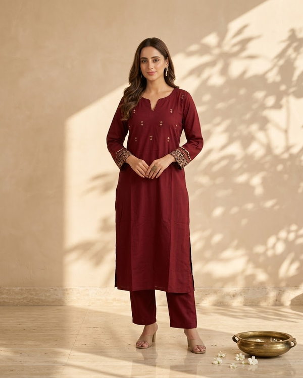 Woman wearing Plus Size Burgundy Mirror Work Mandarin Collar Kurti Set | Kunvarani