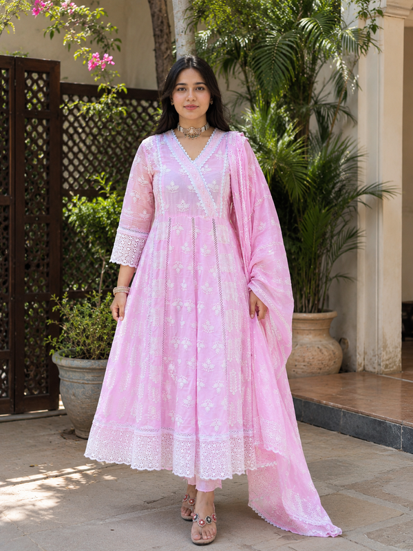 Cotton Lucknowi Lace Anarkali Suit Set with Dupatta