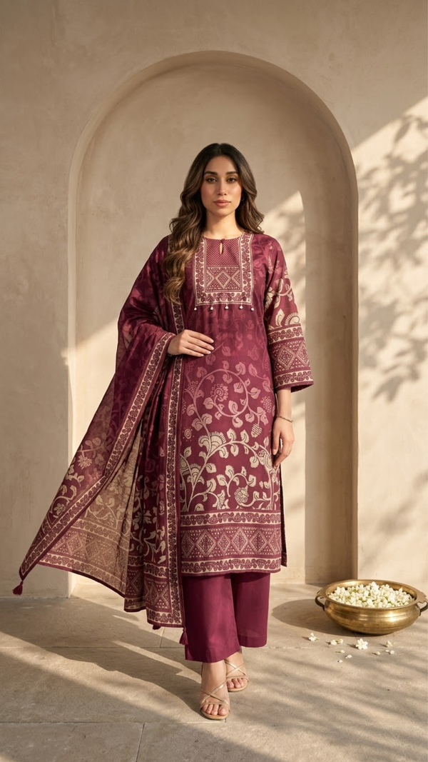 Woman wearing Maroon Mirror Work Kurti Set with Dupatta | Kunvarani
