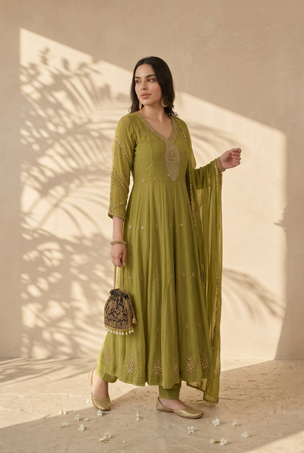 Woman wearing Bottle Green Chiffon Beadwork Kurti Set with Dupatta | Kunvarani