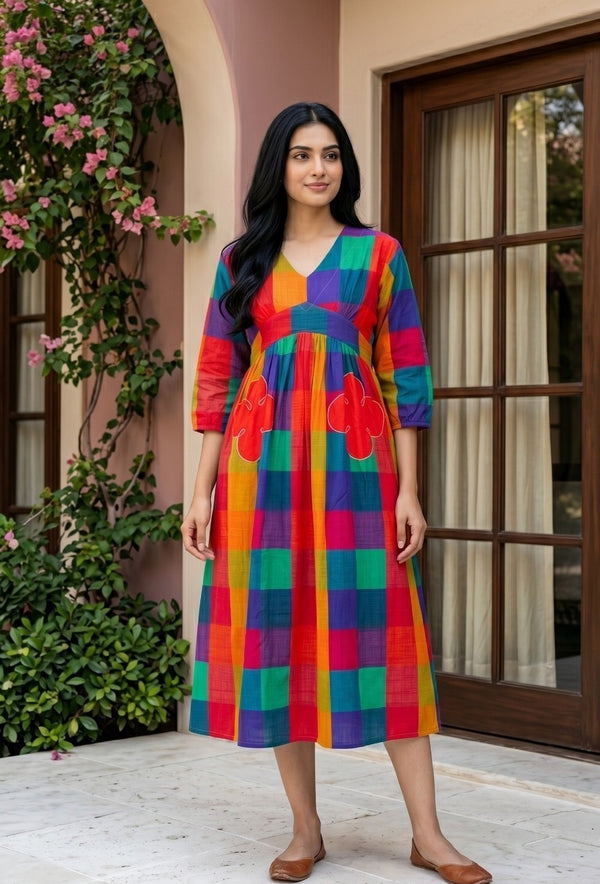 Multi-Colour Mull Cotton V-Neck Dress