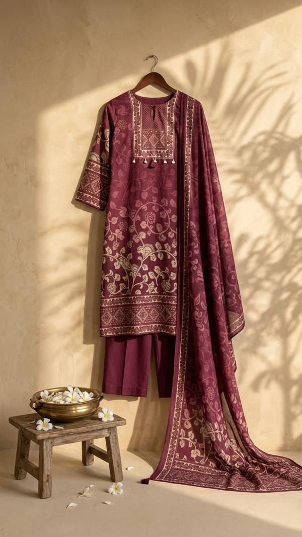Front view of Maroon Mirror Work Kurti Set with Dupatta from Kunvarani