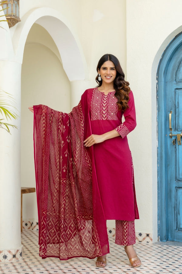 Wine Geometric Embroidered Kurta Set with Dupatta
