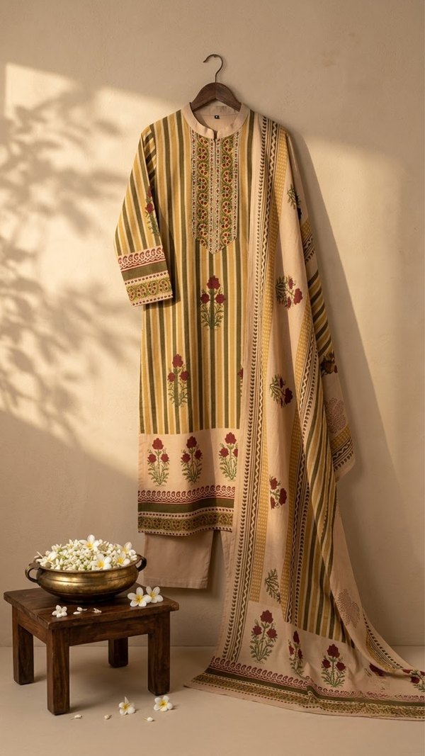 Yellow Cotton Striped Kurti Set with Dupatta