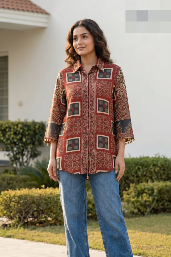 Woman wearing Ajrakh Print Shirt | Kunvarani