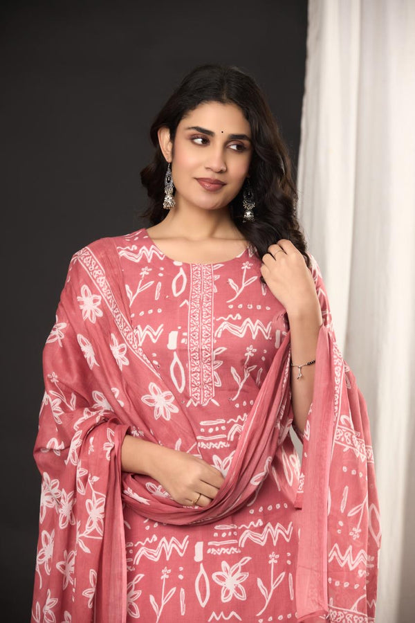 Pink Printed Cotton Kurta Set