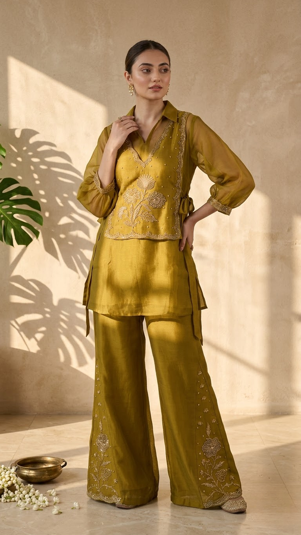 Mehendi Green Tissue Beadwork Co Ord Set