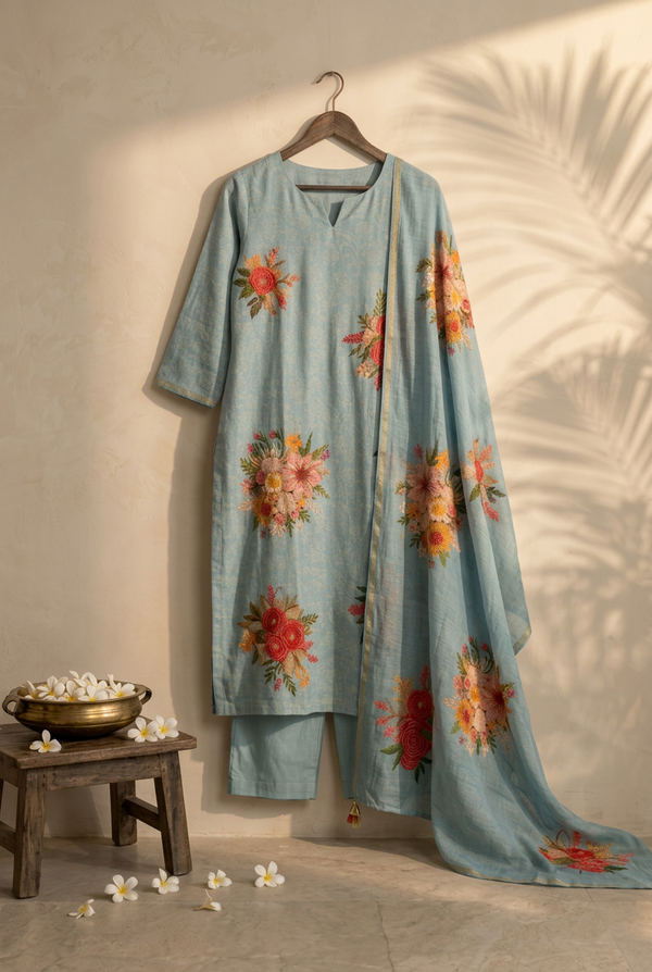 Plus Size Sky Blue Thread Work Kurti Set with Dupatta