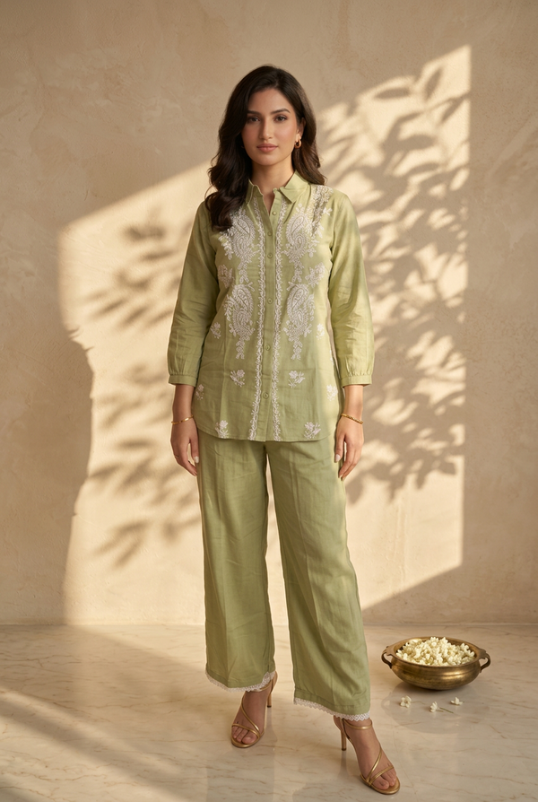 Pista Lakhnavi / Chikankari Work Co Ord Set
