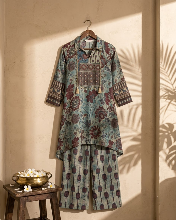 Front view of Multi-Colour Soft Muslin Ajrakh Print V-Neck IndoWestern Dress from Kunvarani