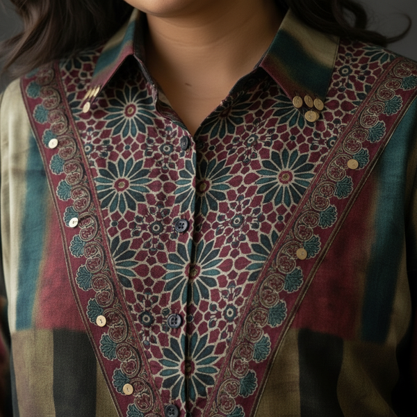 Plus Size Maroon Crepe Ajrakh Print Shirt