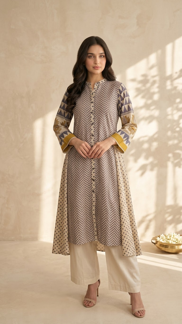 Woman wearing Sky Blue Geometric Print Mandarin Collar IndoWestern Dress | Kunvarani