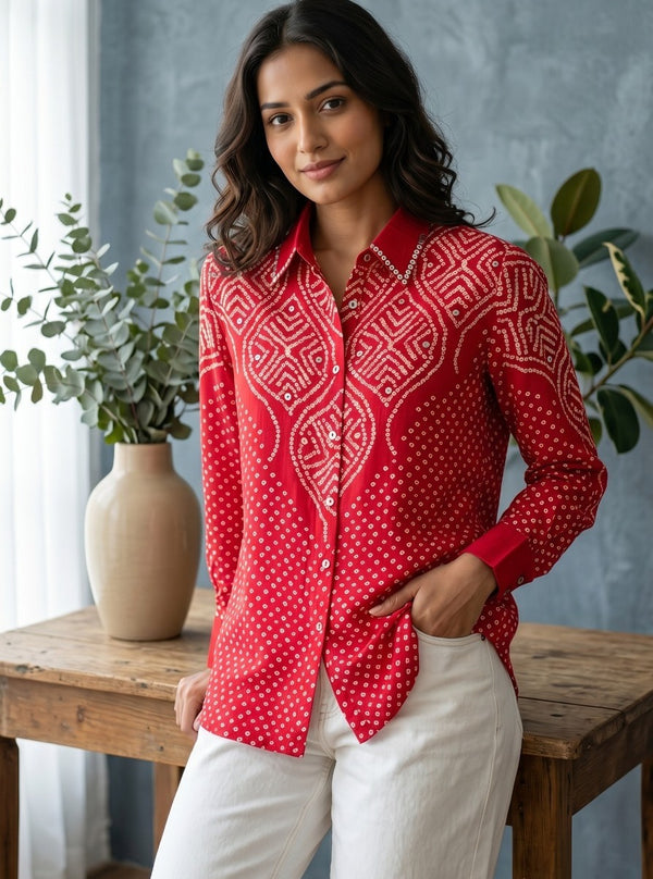 Woman wearing Bandhani Print Shirt | Kunvarani
