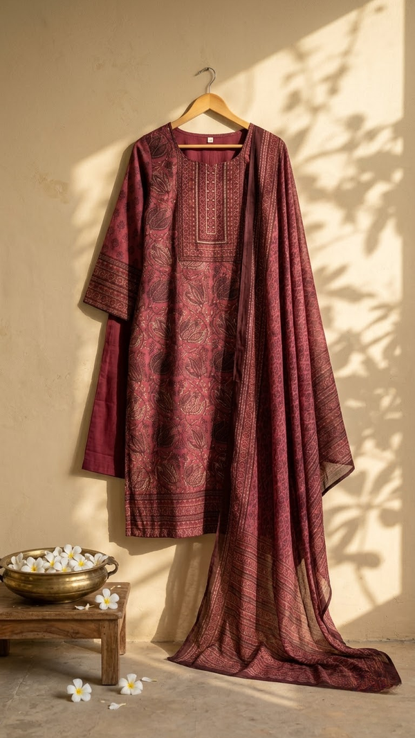 Front view of Maroon Muslin Abstract Print Kurti Set from Kunvarani