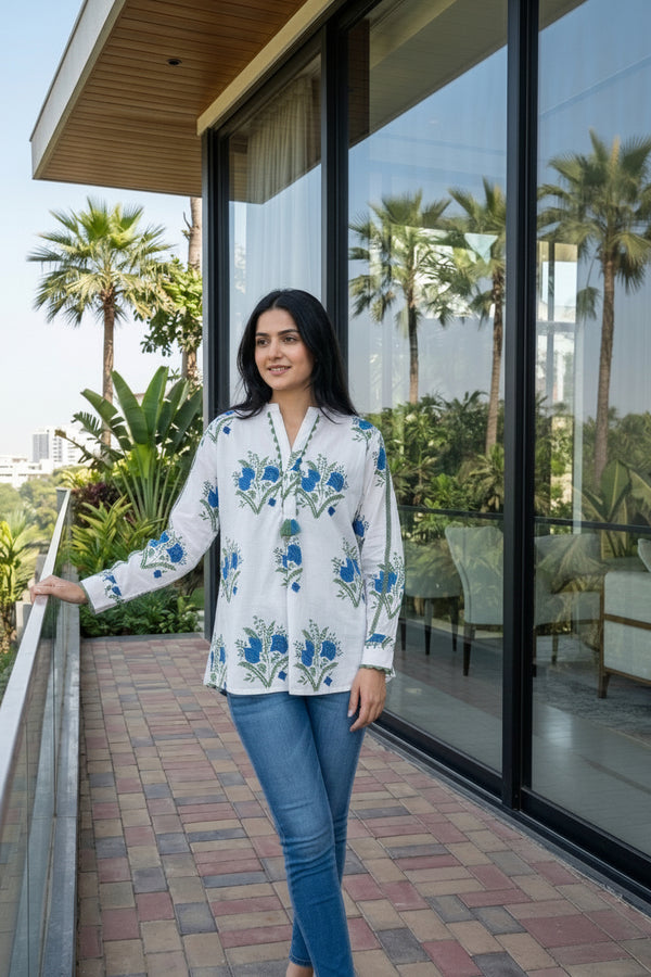 Front view of White Pure Cotton Floral Print Mandarin Collar Shirt from Kunvarani
