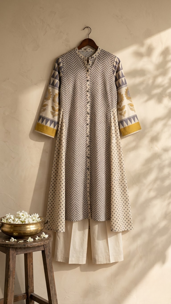 Front view of Sky Blue Geometric Print Mandarin Collar IndoWestern Dress from Kunvarani