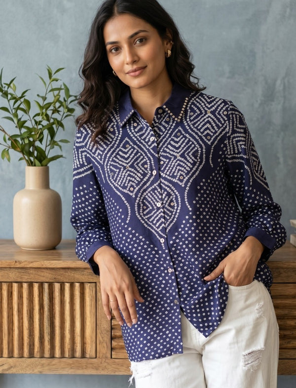 Woman wearing Bandini Print Shirt Blue | Kunvarani
