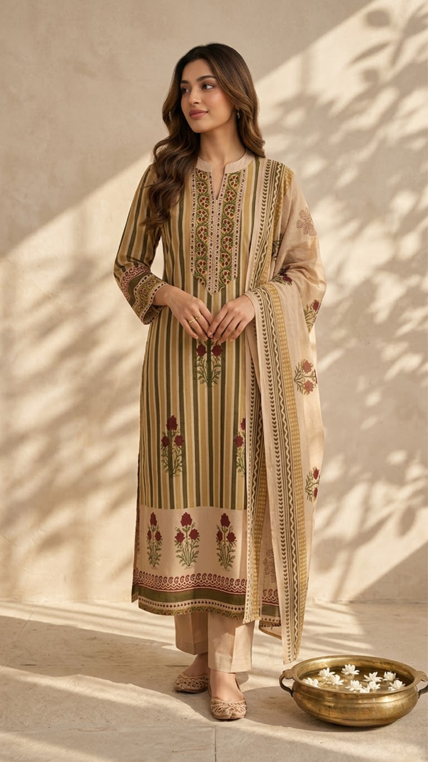 Woman wearing Yellow Muslin Striped Kurti Set with Dupatta | Kunvarani