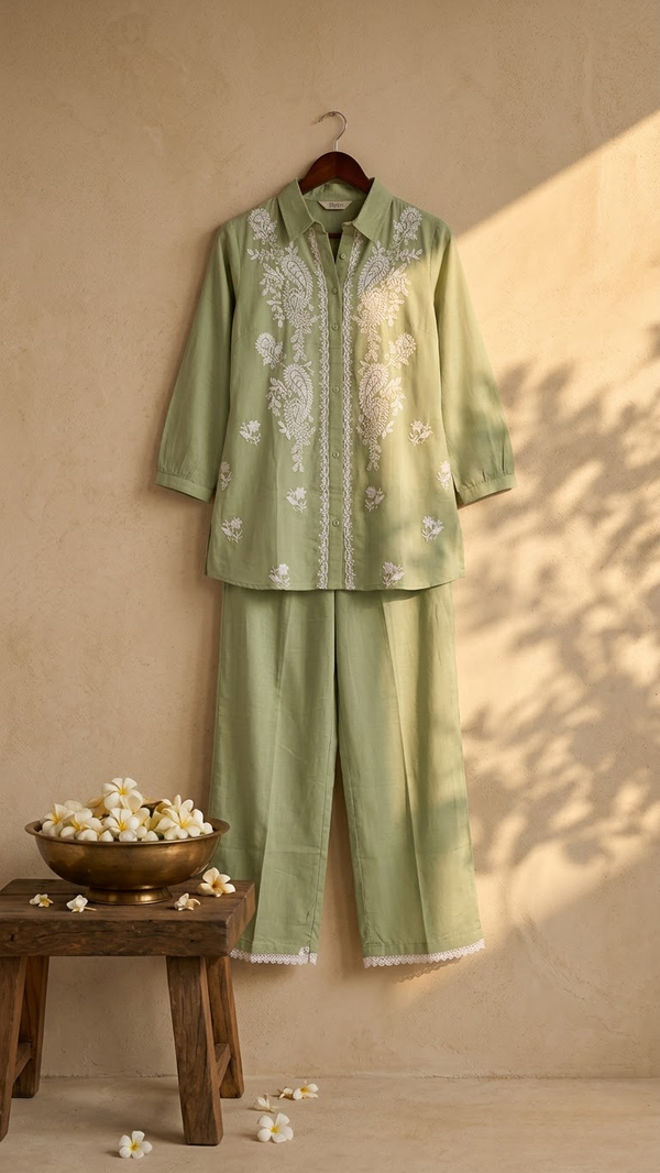 Pista Lakhnavi / Chikankari Work Co Ord Set