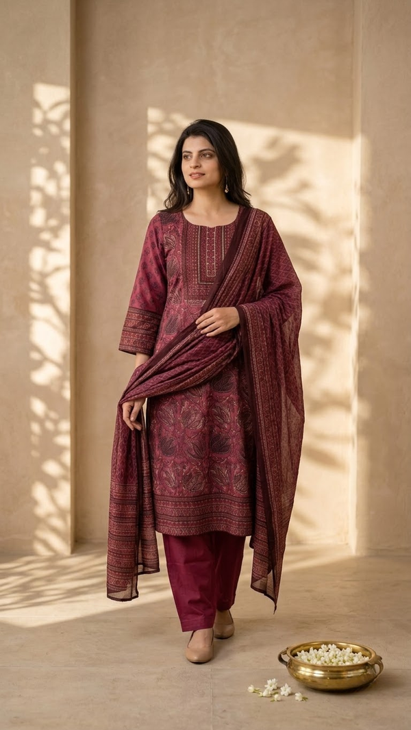 Woman wearing Maroon Muslin Abstract Print Kurti Set | Kunvarani