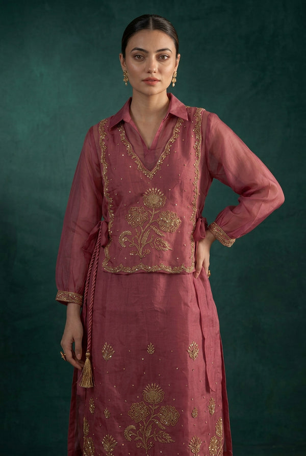 Woman wearing Pink Tissue Beadwork Co Ord Set | Kunvarani
