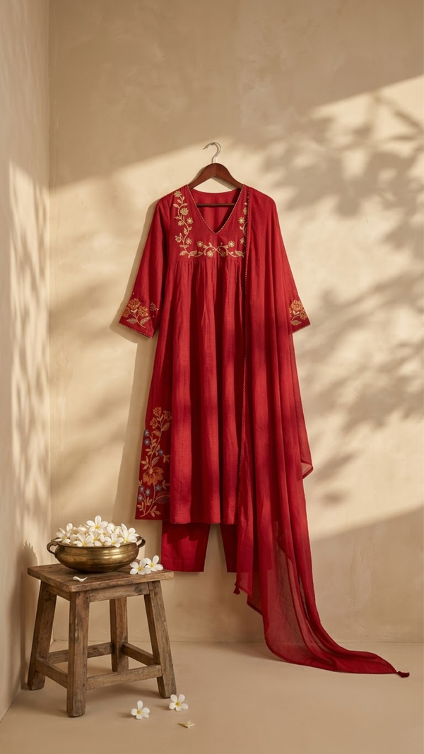Front view of Red Embroidery V-Neck Kurti Set with Dupatta from Kunvarani