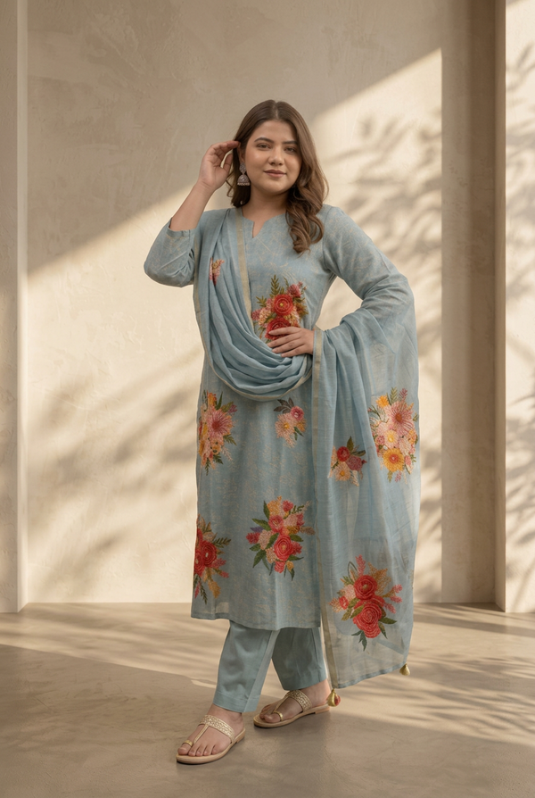 Plus Size Sky Blue Thread Work Kurti Set with Dupatta