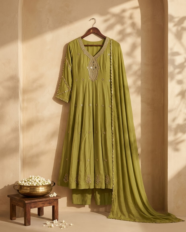 Front view of Bottle Green Chiffon Beadwork Kurti Set with Dupatta from Kunvarani