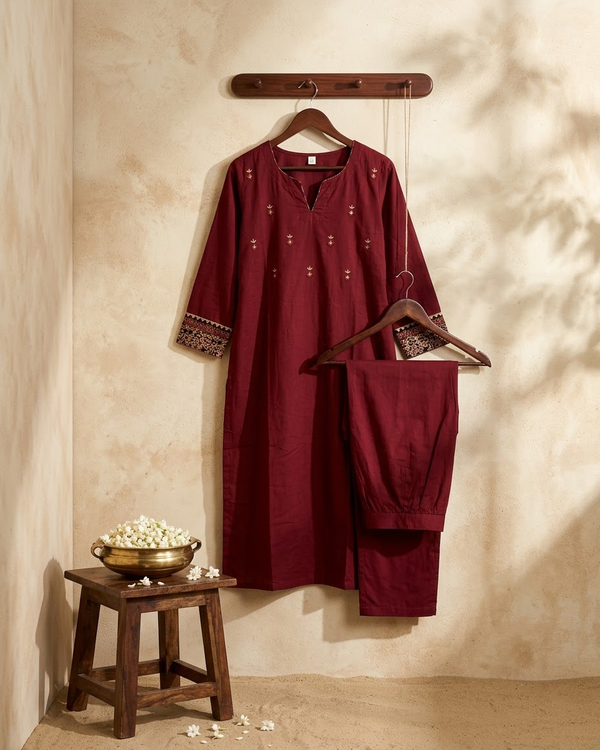 Front view of Plus Size Burgundy Mirror Work Mandarin Collar Kurti Set from Kunvarani