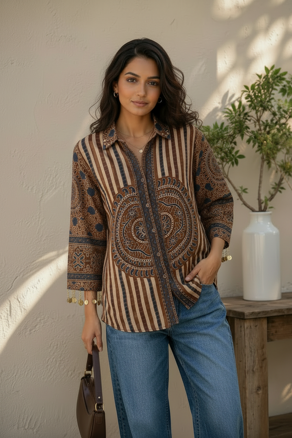 Brown Crepe Ajrakh Print Shirt