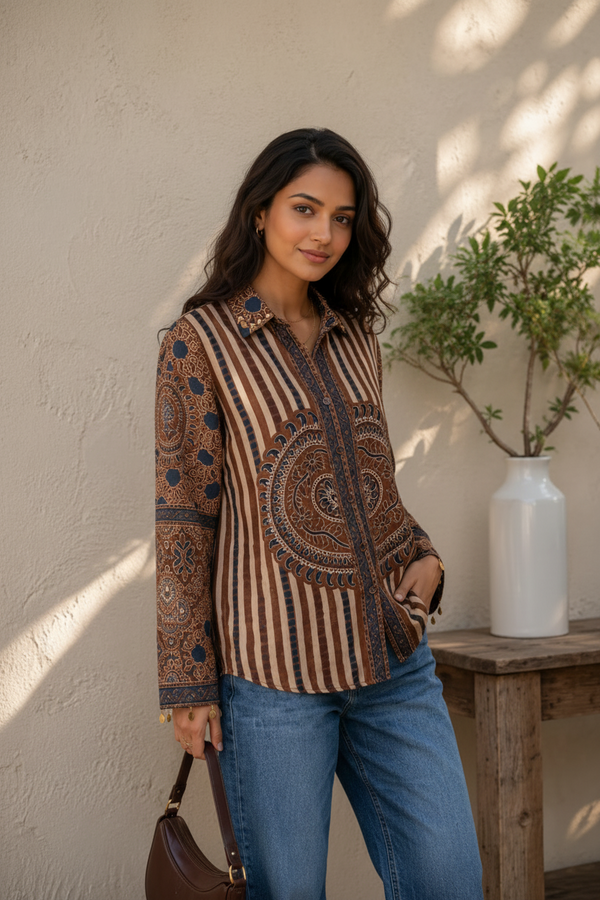 Brown Crepe Ajrakh Print Shirt