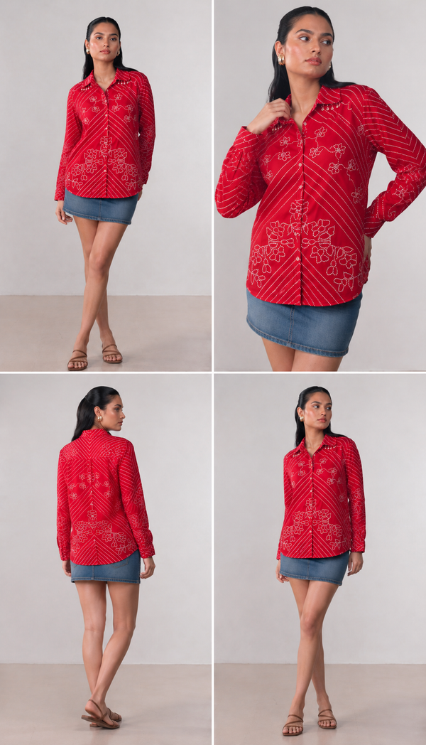 Woman wearing Red Crepe Plus Size Shirt | Kunvarani