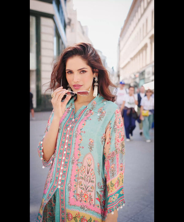Woman wearing Coral coloured crepe Coord Set | Kunvarani