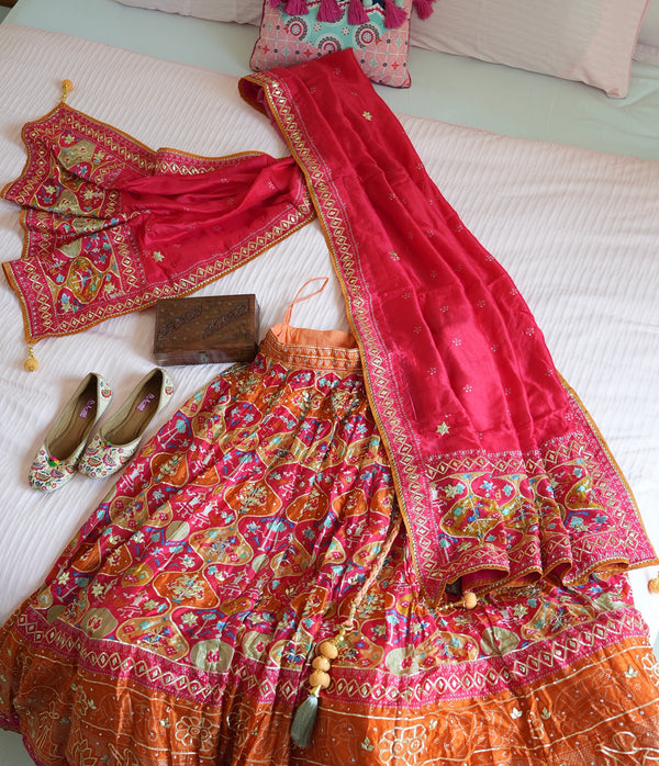 Sunset Pink & Orange Lehenga with Statement Dupatta (Unstitched Silk Blouse)