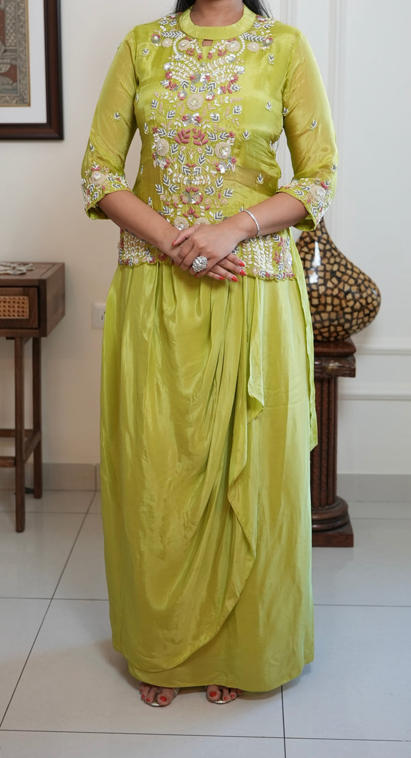 Crepe Citrus Lime drape Skirt with Hand-embellished Top