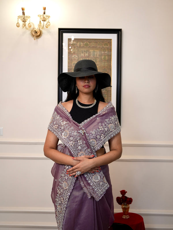 Tissue Saree in Dual Tone Purple - Zardosi Work
