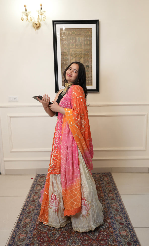 Floral Lehenga layered with with Sunset bandhani Dupatta (unstitched blouse)