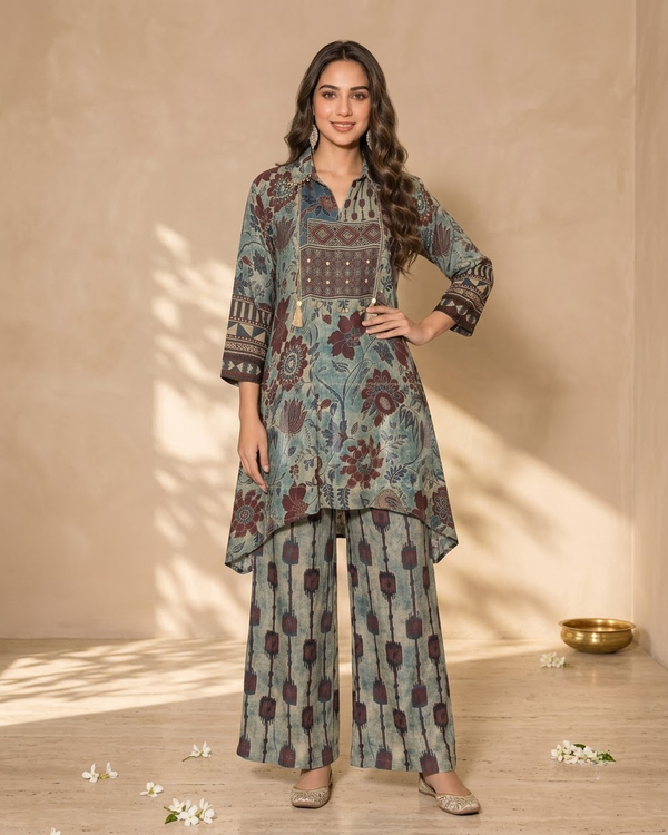 Woman wearing Multi-Colour Soft Muslin Ajrakh Print V-Neck IndoWestern Dress | Kunvarani
