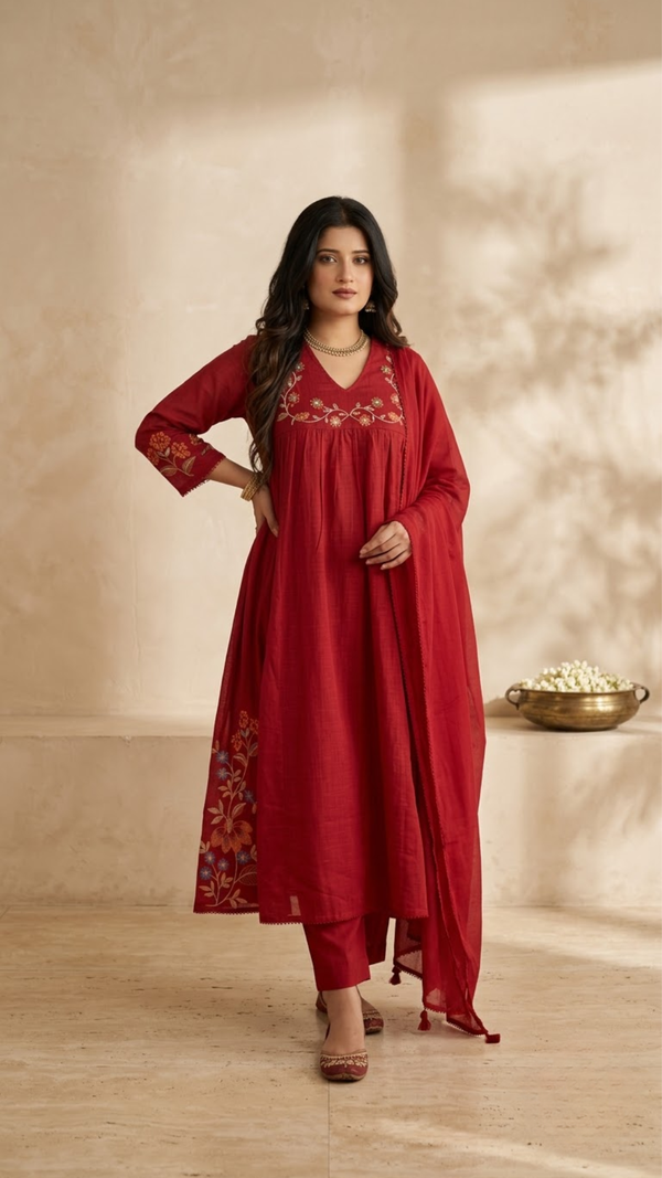 Woman wearing Red Embroidery V-Neck Kurti Set with Dupatta | Kunvarani