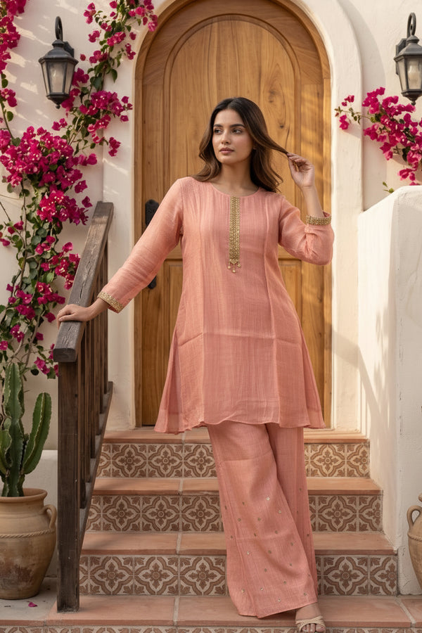 Peach Gold Tissue Pearl Work Kurti Set