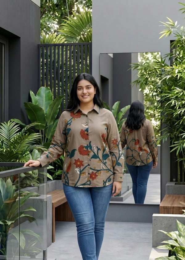Woman wearing Beige Muslin Plus Size Shirt | Kunvarani