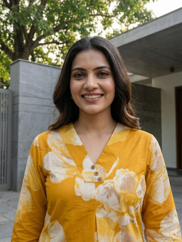 Woman wearing Yellow Cotton V-Neck Co-Ord Set | Kunvarani