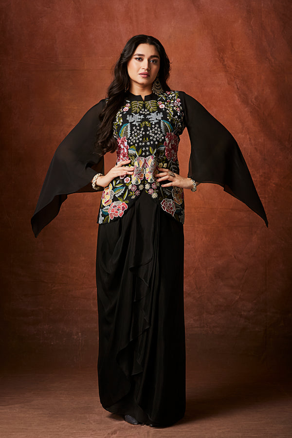 Midnight black embellished Georgette Skirt Set with Ruffle Sleeves