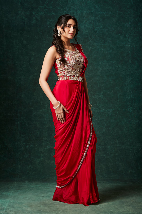 Red Sequinned Chinnon Pre-Draped Saree with Belt
