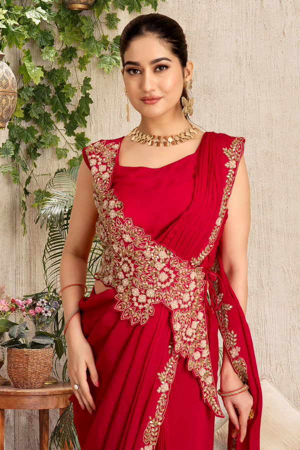 Red Chinnon Pre-Draped Saree with Cross-Body Sequin Belt