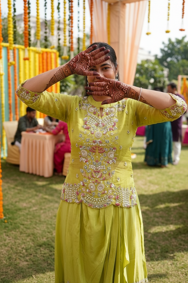 Crepe Citrus Lime drape Skirt with Hand-embellished Top