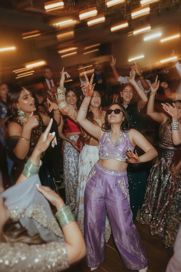 Group of people dancing in a festive setting with mirror reflections.