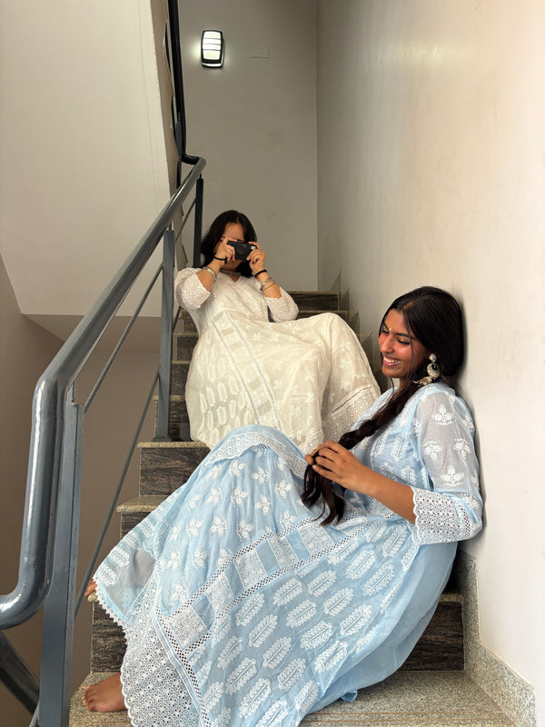 Cotton Lucknowi Lace Anarkali Suit Set with Dupatta