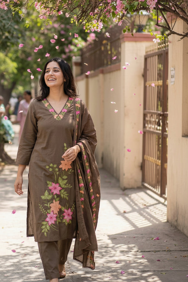Brown Embroidered Kurti Set with Dupatta