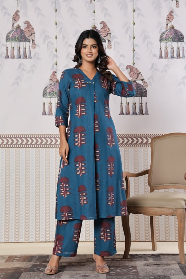 Cotton fabric detail - V Neck Blue Kurthi Set Daily wear | Kunvarani